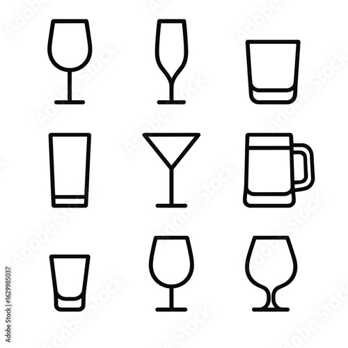Glassware Icon Set. Outline icon set of glassware types: wine glass, champagne flute, whiskey tumbler, highball glass, martini