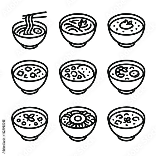 Global Cuisine Bowl Icons. Outline icon set of global cuisine bowls: ramen bowl, pho bowl, borscht bowl, miso bowl, curry bowl,