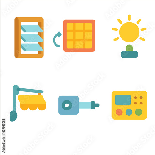 Colorful Shading Devices. Flat vector mini-illustrations of kinetic shading devices in colors children’s illustrations: pivoting