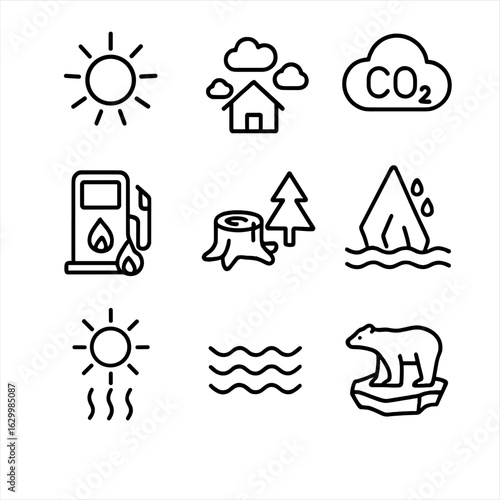 Global Warming Icons. Outline icon set of global warming: sun, greenhouse gases, carbon dioxide, fossil fuels, deforestation, ice