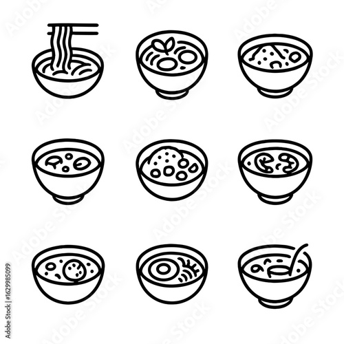 Global Cuisine Bowl Icons. Outline icon set of global cuisine bowls: ramen bowl, pho bowl, borscht bowl, miso bowl, curry bowl,