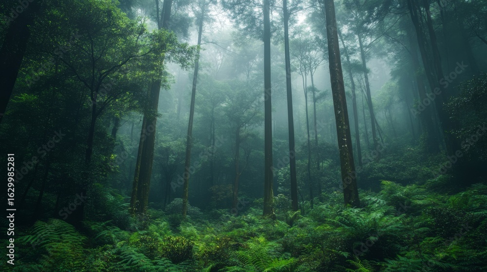 Obraz premium Mysterious foggy forest scene, with tall trees and lush ferns. Perfect for a fantasy or thriller film