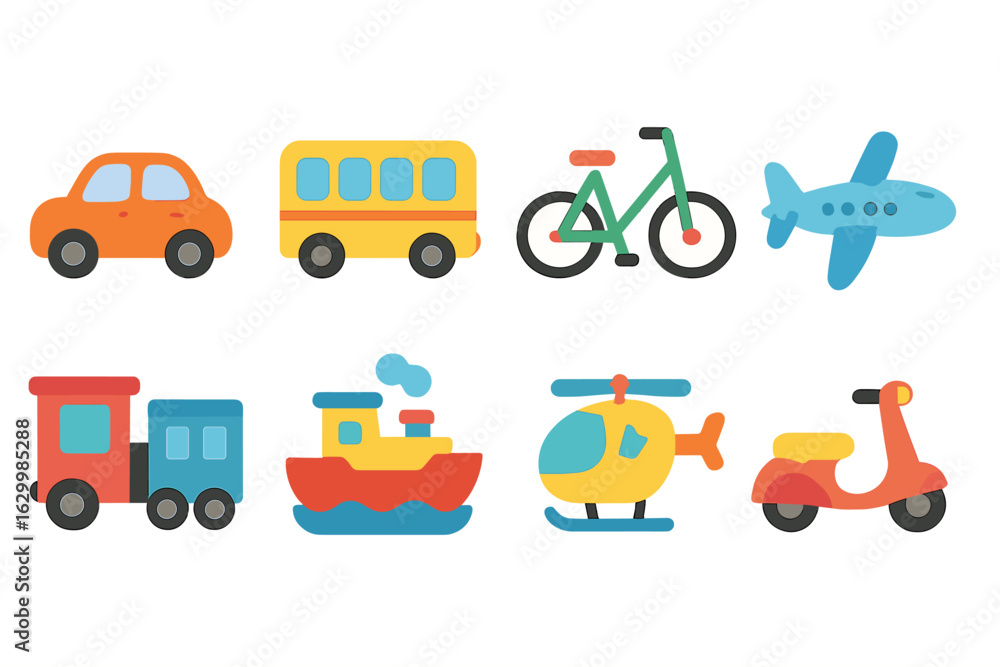 Naklejka premium Colorful Vehicle Icons. Flat icon set of transportation vehicles in colors children's illustrations: car, bus, bicycle, airplane,