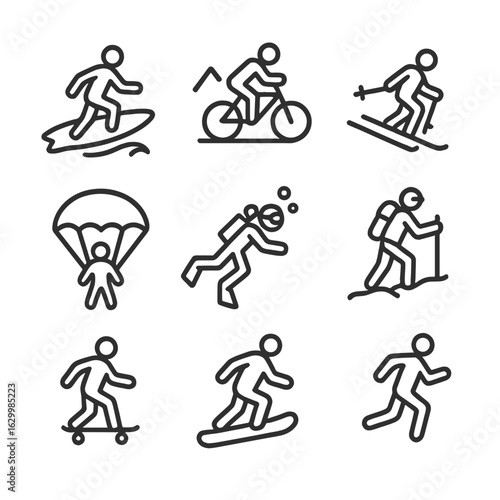 GoPro Sports Icons. Outline icon set of GoPro sports and activities: surfing, mountain biking, skiing, skydiving, scuba diving,