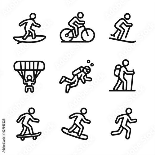GoPro Sports Icons. Outline icon set of GoPro sports and activities: surfing, mountain biking, skiing, skydiving, scuba diving,