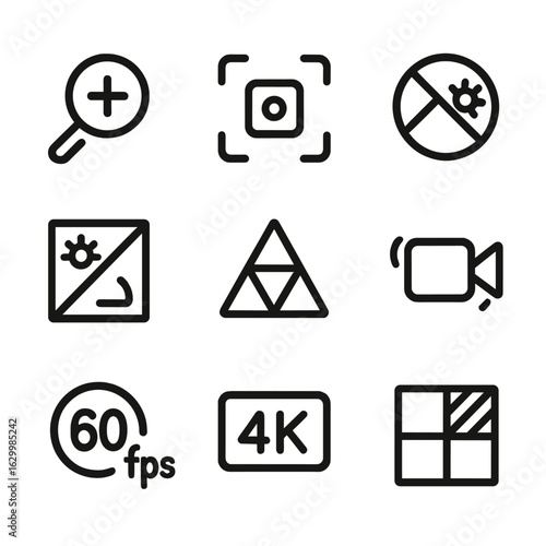 GoPro Icon Set. Outline icon set of GoPro video effects and settings: zoom, focus, white balance, exposure, filters, stabilization