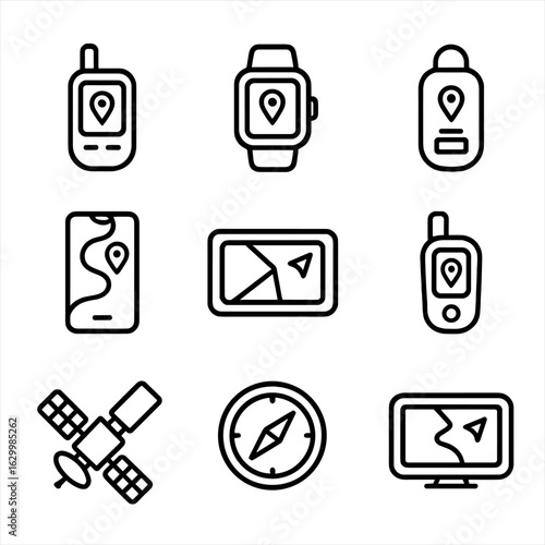 GPS Device Icons. Outline icon set of GPS devices: GPS receiver, GPS watch, GPS tracker, smartphone with GPS, navigation device,