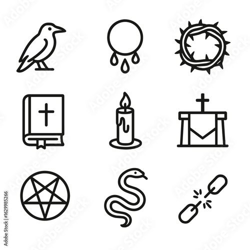 Gothic Symbol Icon Set. Outline icon set of gothic blood symbolism: raven, blood moon, thorn crown, ancient tome, black candle,