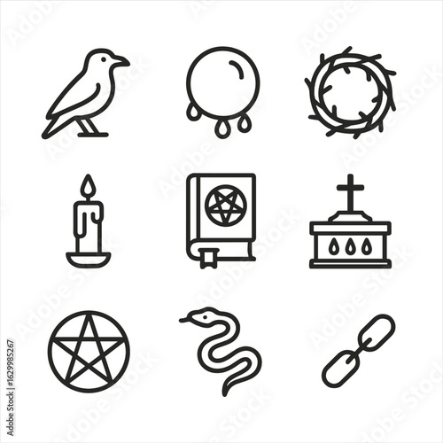 Gothic Symbol Icon Set. Outline icon set of gothic blood symbolism: raven, blood moon, thorn crown, ancient tome, black candle,