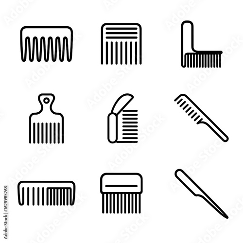 Comb Icon Collection. Outline icon set of comb styles: wide-tooth comb, fine-tooth comb, tail comb, Afro pick, folding pocket comb