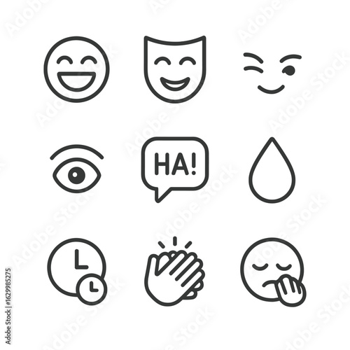 Comedic Expression Icons. Outline icon set of comedic expressions and cues: laughing face, smiling mask, wink eye, raised eyebrow,