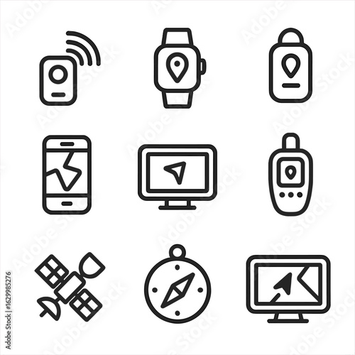 GPS Device Icons. Outline icon set of GPS devices: GPS receiver, GPS watch, GPS tracker, smartphone with GPS, navigation device,