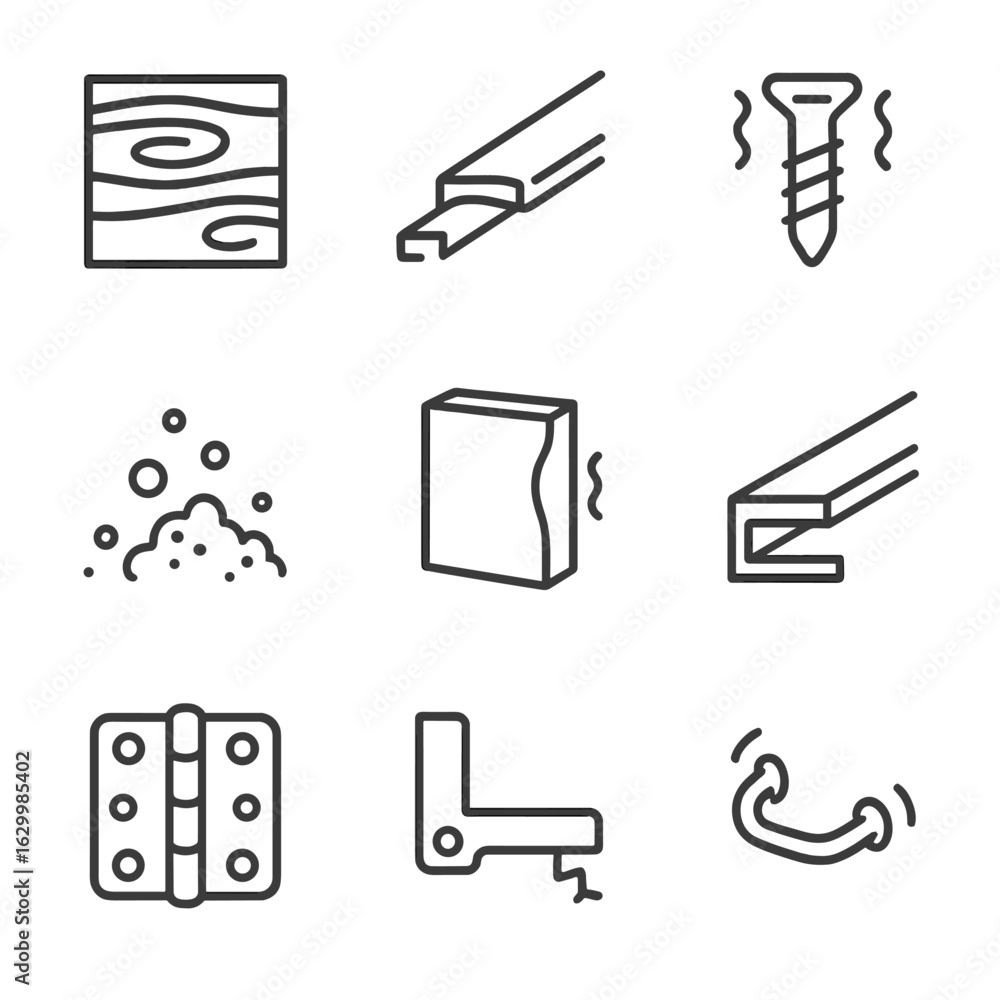 Fototapeta premium Common Jam Causes Icons. Outline icon set of common jam causes: warped wood panel, bent slide rail, stuck screw, debris pile,