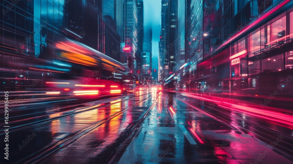 Fototapeta premium Neon lights illuminate a rainy city street at night.