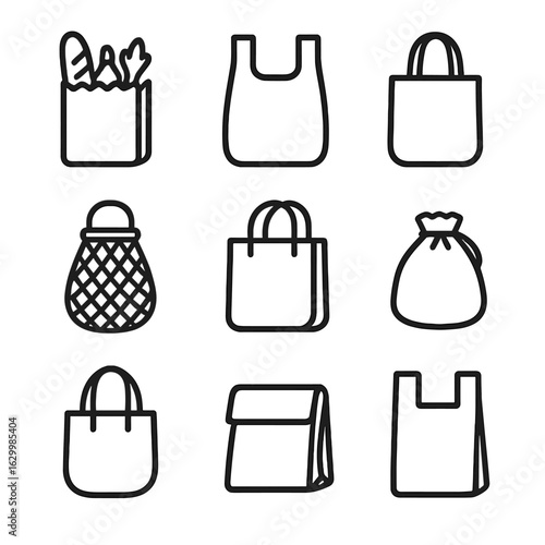 Grocery Bags Icon Set. Outline icon set of grocery store bags: paper grocery bag, plastic sack, cotton tote, mesh produce bag,
