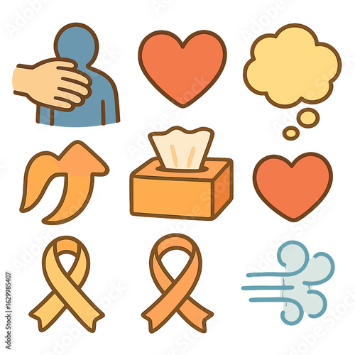 Comfort Icons Grid. Flat vector mini-illustrations reassuring hand on shoulder in colors children's illustrations: supporting hand