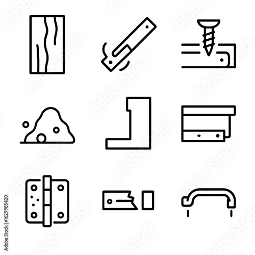 Common Jam Causes Icons. Outline icon set of common jam causes: warped wood panel, bent slide rail, stuck screw, debris pile,