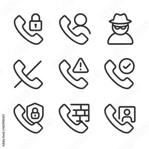Call Security Icons. Outline icon set of call privacy and security: encrypted call, private call, anonymous call, call blocking,