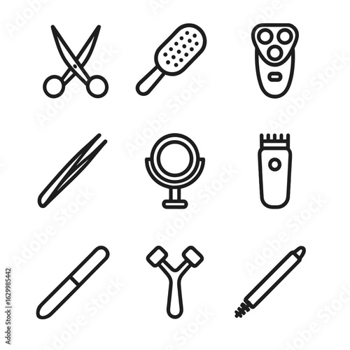 Grooming Tools Icons. Outline icon set of personal grooming tools: scissors, hairbrush, electric shaver, tweezers, nail file,