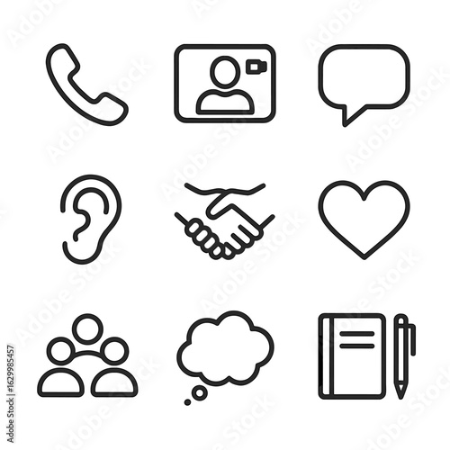 Communication Icon Set. Outline icon set of communication and support actions: phone call handset, video chat window, speech