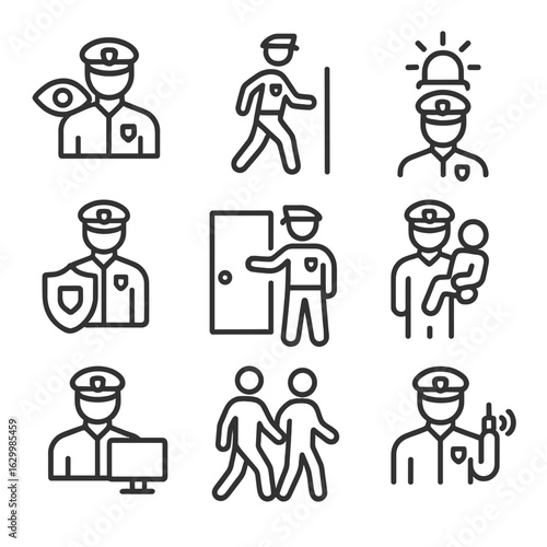 Guardian Action Icons. Outline icon set of guardian actions: watch, patrol, alert, protect, defend, rescue, monitor, escort,
