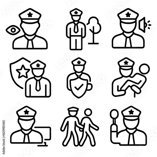 Guardian Action Icons. Outline icon set of guardian actions: watch, patrol, alert, protect, defend, rescue, monitor, escort,