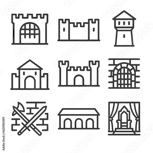 Guardian Icon Set. Outline icon set of guardian environments: castle gate, fortress wall, watchtower, gatehouse, courtyard,