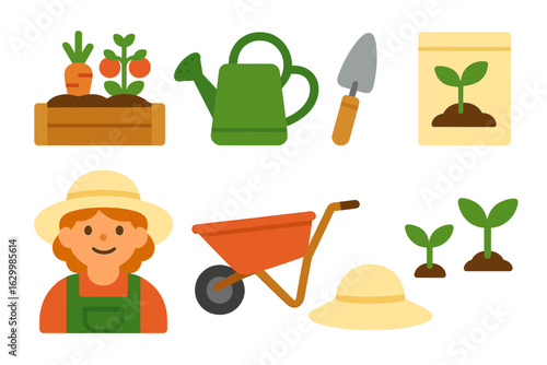 Community Garden Icons. Flat vector mini-illustrations community garden co ops in colors children's illustrations: raised bed