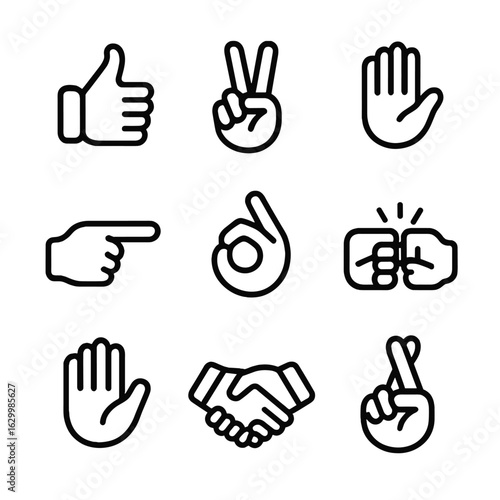 Hand Gesture Icons. Outline icon set of hand signs and gestures: thumbs up, peace sign, stop hand, pointing finger, okay sign,