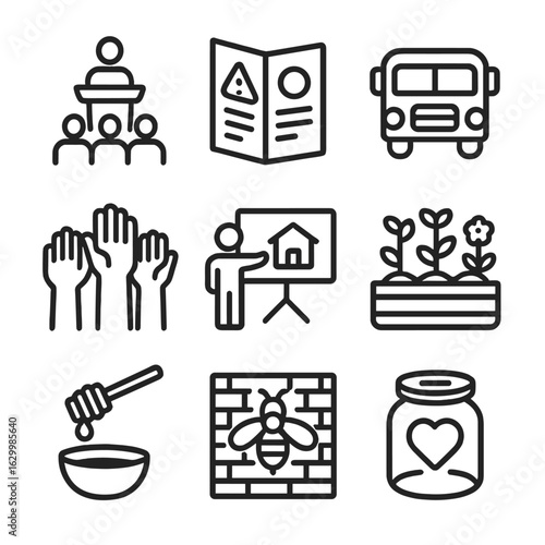 Community Outreach Icons. Outline icon set of Community outreach and education: workshop podium, informational brochure, school