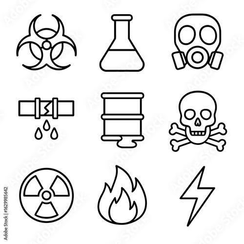 Hazard Icons Grid. Outline icon set of hazardous situations: biohazard symbol, chemical flask, gas mask, broken pipeline, leaking
