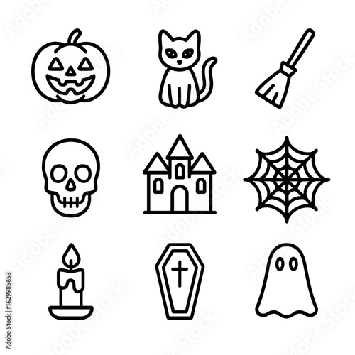 Halloween Icon Set. Outline icon set of Halloween and ghost themes: jack-o’-lantern, black cat, broomstick, skull, haunted house,