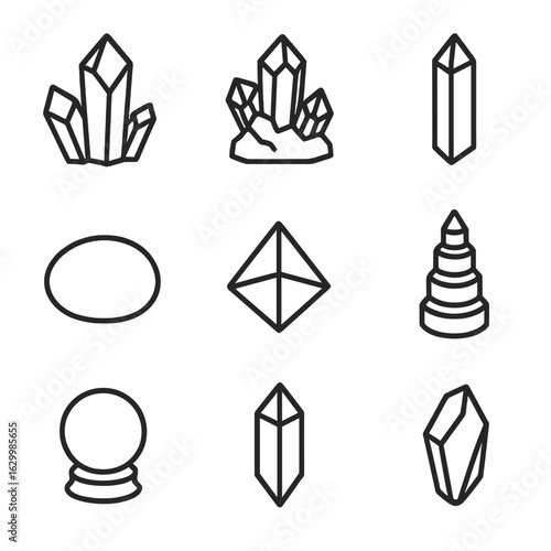Healing Crystal Icons. Outline icon set of healing crystal: quartz crystal, amethyst cluster, crystal wand, healing stone, energy