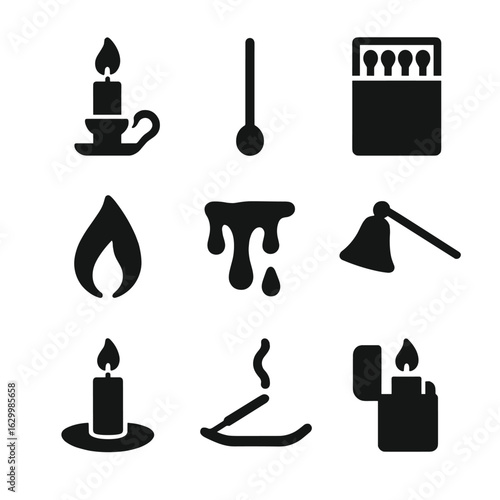 Candle Accessories Icons. Solid, filled icon set of candle accessories: candle holder, wick, matchbox, lighter, flame, wax drips,