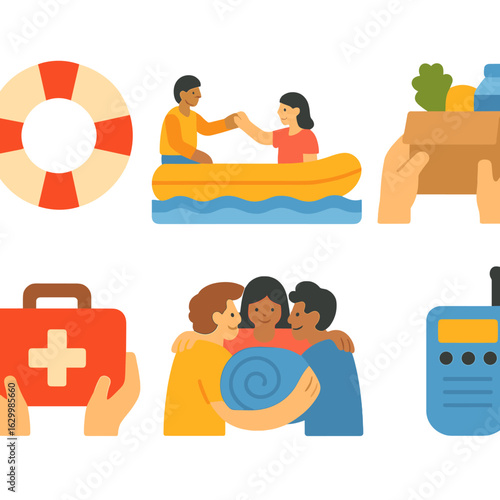 Community Flood Support Icons. Flat vector mini-illustrations community support during floods in colors children's illustrations: