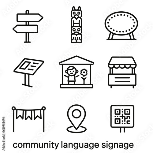 Community Signage Icons. Outline icon set of community language signage: bilingual street sign, totem post, welcome plaque,