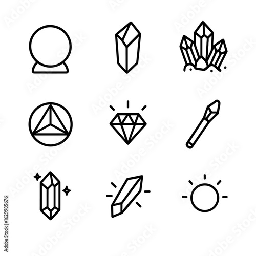 Healing Stones Icons. Outline icon set of energy healing stones: crystal ball, quartz shard, amethyst cluster, chakra prism,