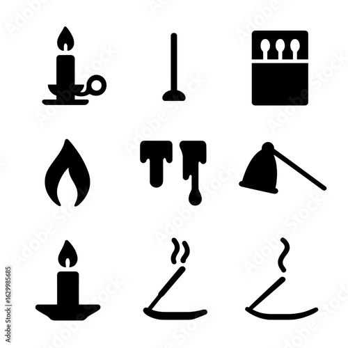 Candle Accessories Icons. Solid, filled icon set of candle accessories: candle holder, wick, matchbox, lighter, flame, wax drips,