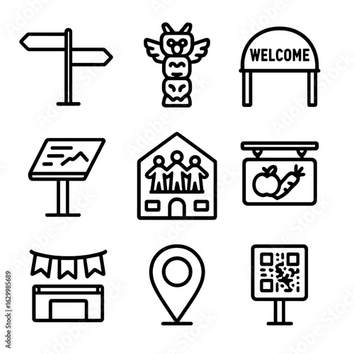 Community Signage Icons. Outline icon set of community language signage: bilingual street sign, totem post, welcome plaque,