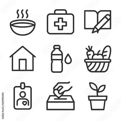 Community Outreach Icons. Outline icon set of ecumenical outreach projects: soup kitchen bowl, medical kit, school book, shelter