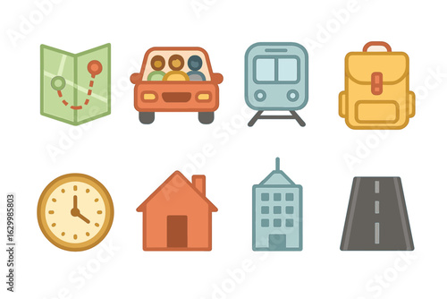 Commuter Journey Icons. Flat vector mini-illustrations commuter patterns and sprawl effects in colors children's illustrations: