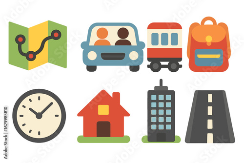 Commuter Journey Icons. Flat vector mini-illustrations commuter patterns and sprawl effects in colors children's illustrations: