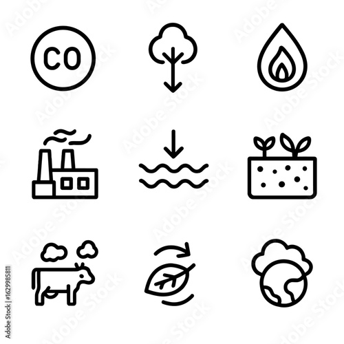 Carbon Cycle Icons. Outline icon set of carbon cycle: carbon dioxide, tree absorption, fossil fuel, factory emission, ocean uptake