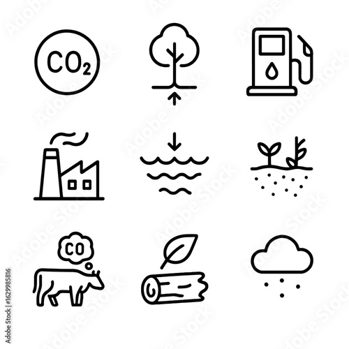 Carbon Cycle Icons. Outline icon set of carbon cycle: carbon dioxide, tree absorption, fossil fuel, factory emission, ocean uptake