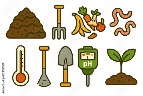 Compost Process Icons. Flat vector mini-illustrations composting and soil health in colors children's illustrations: compost heap,