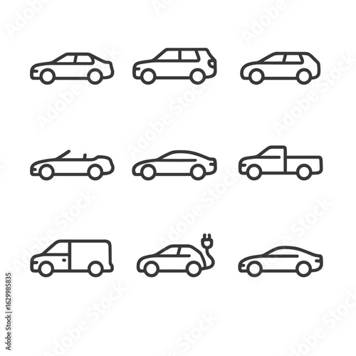 Car Icon Set. Outline icon set of car types: sedan, SUV, hatchback, convertible, coupe, pickup truck, van, electric car, sports
