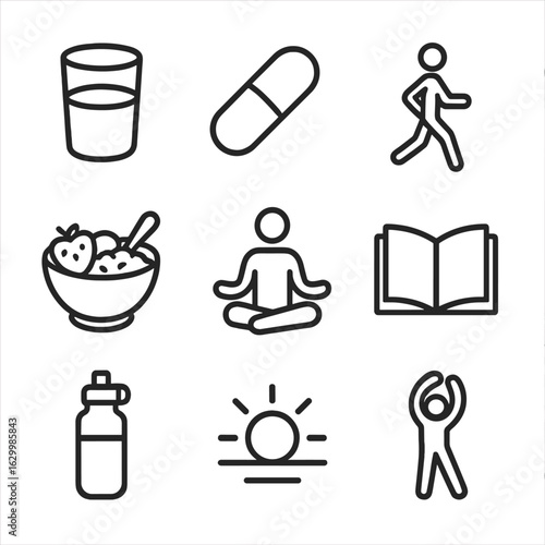 Healthy Morning Icons. Outline icon set of healthy morning habits: water glass icon, vitamin pill silhouette, morning jog
