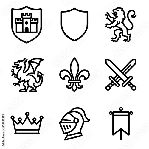 Castle and Island Icons. Outline icon set of castle heraldry: coat of arms, shield emblem, lion, dragon, fleur-de-lis, sword