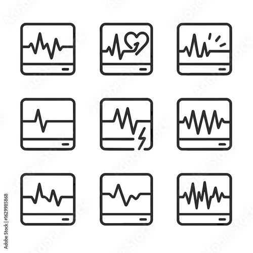 Heartbeat Monitor Icons. Outline icon set of heartbeat monitor related medical conditions: arrhythmia, heart attack, palpitations,