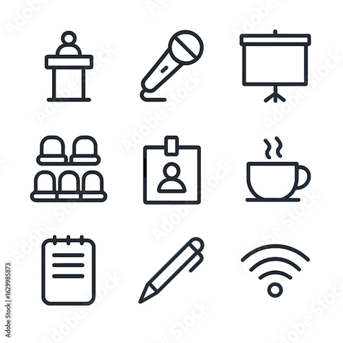 Conference Icon Set. Outline icon set of meeting and conference: podium, microphone, presentation screen, audience chairs, name